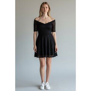 Vintage Black Lace Dress With Scoop Back Short Sleeves By Cheryl Creations Women